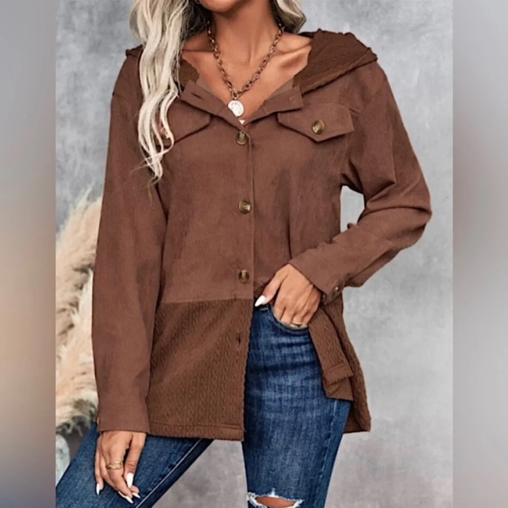 ๐ฅณHP 11/28/22๐Hooded Long Sleeve Button Front Corduroy Jacket Color: Brown - Picture 6 of 6